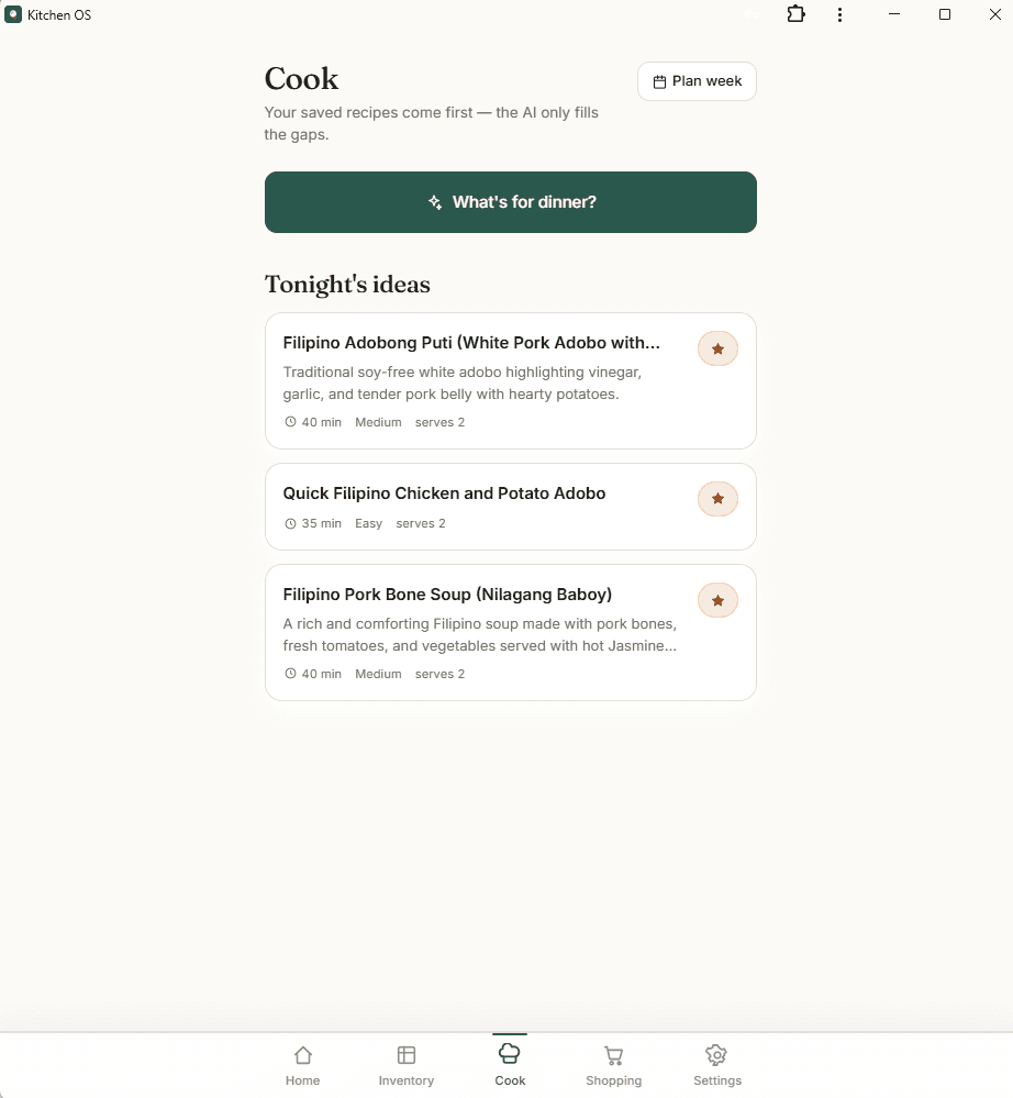 Cook page with AI-suggested recipes and a weekly meal-plan action