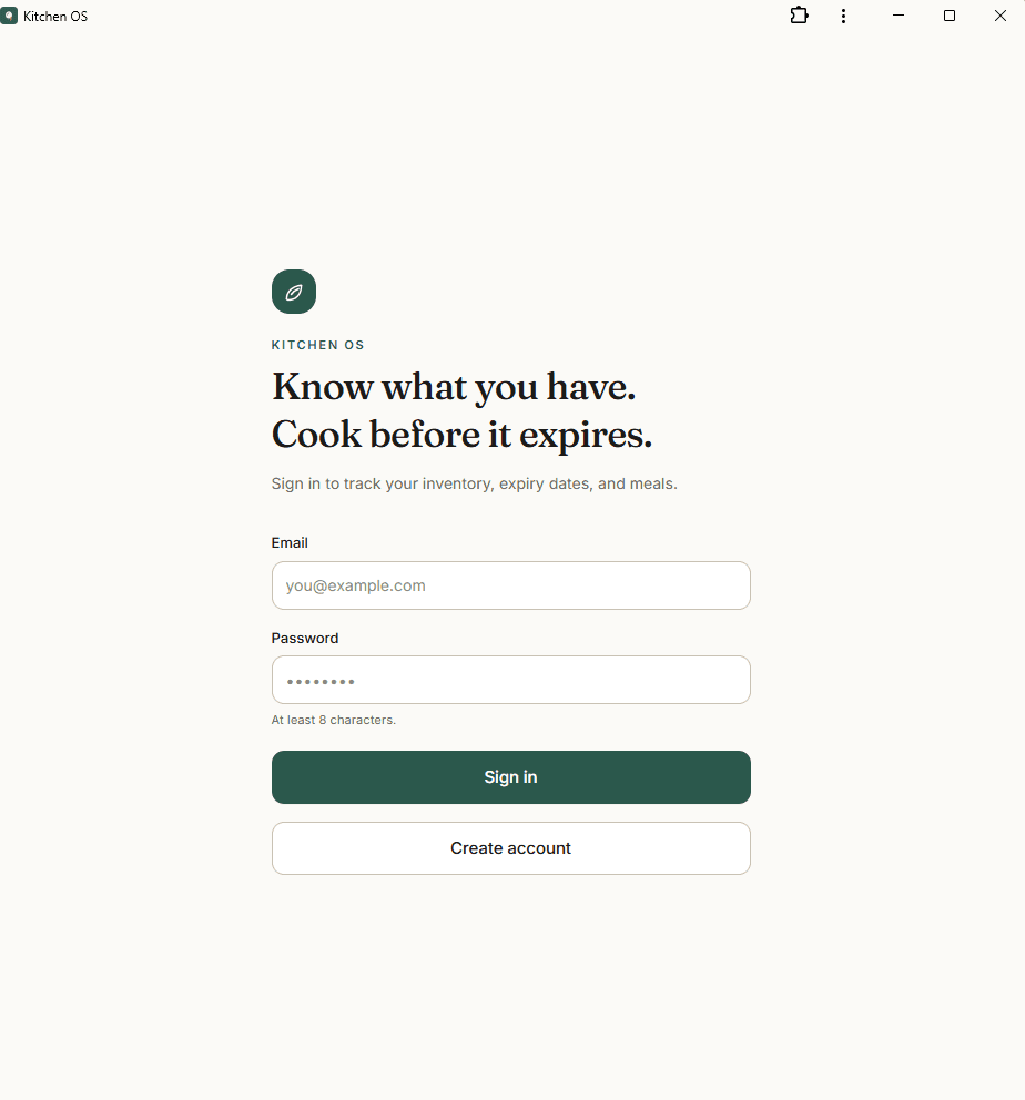 Kitchen OS sign-in page with the tagline: Know what you have. Cook before it expires.