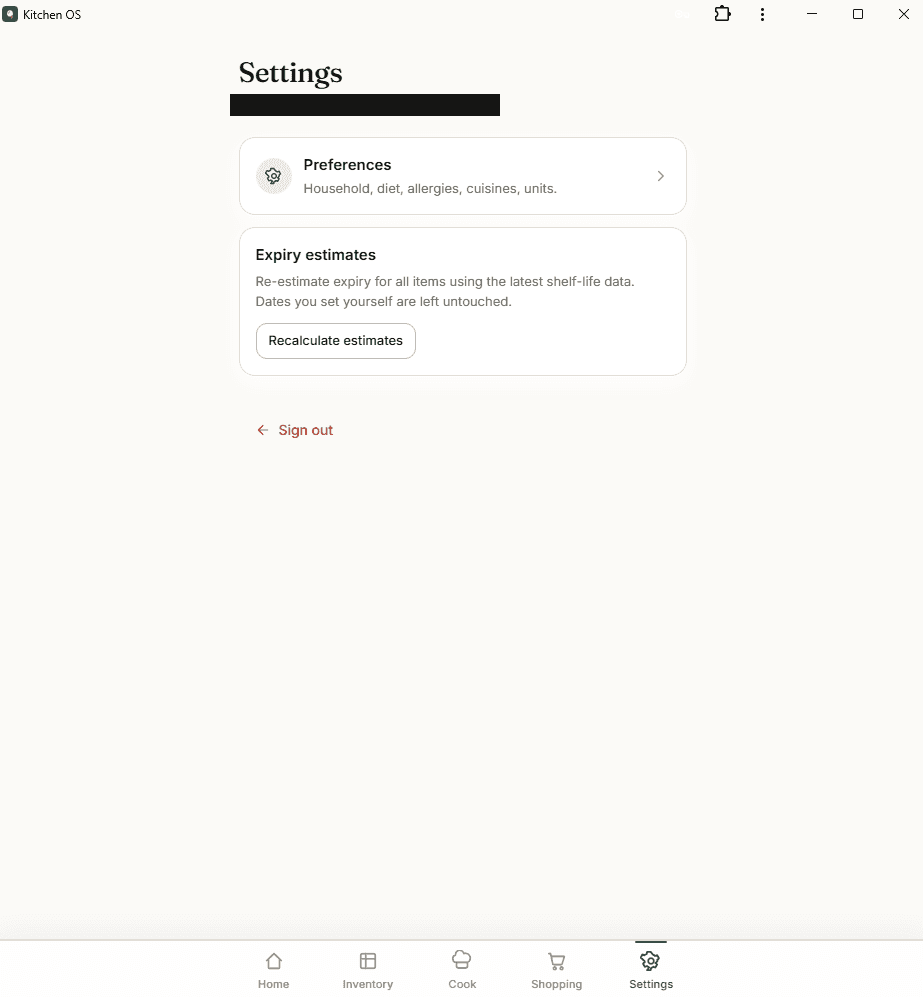 Settings page with household preferences and an expiry re-estimate action